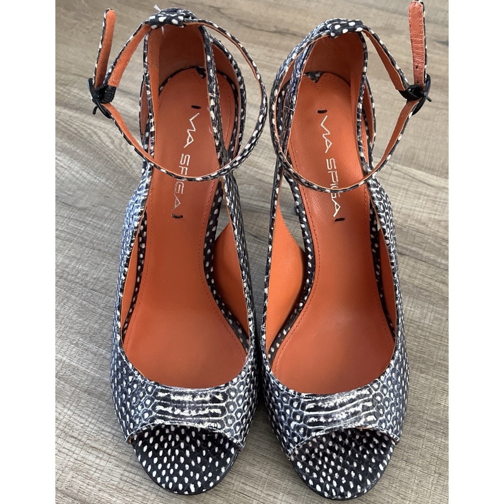 Via Spiga Womens Snakeskin Embossed Leather Ankle Strap Peep Toe Heels 7M Black